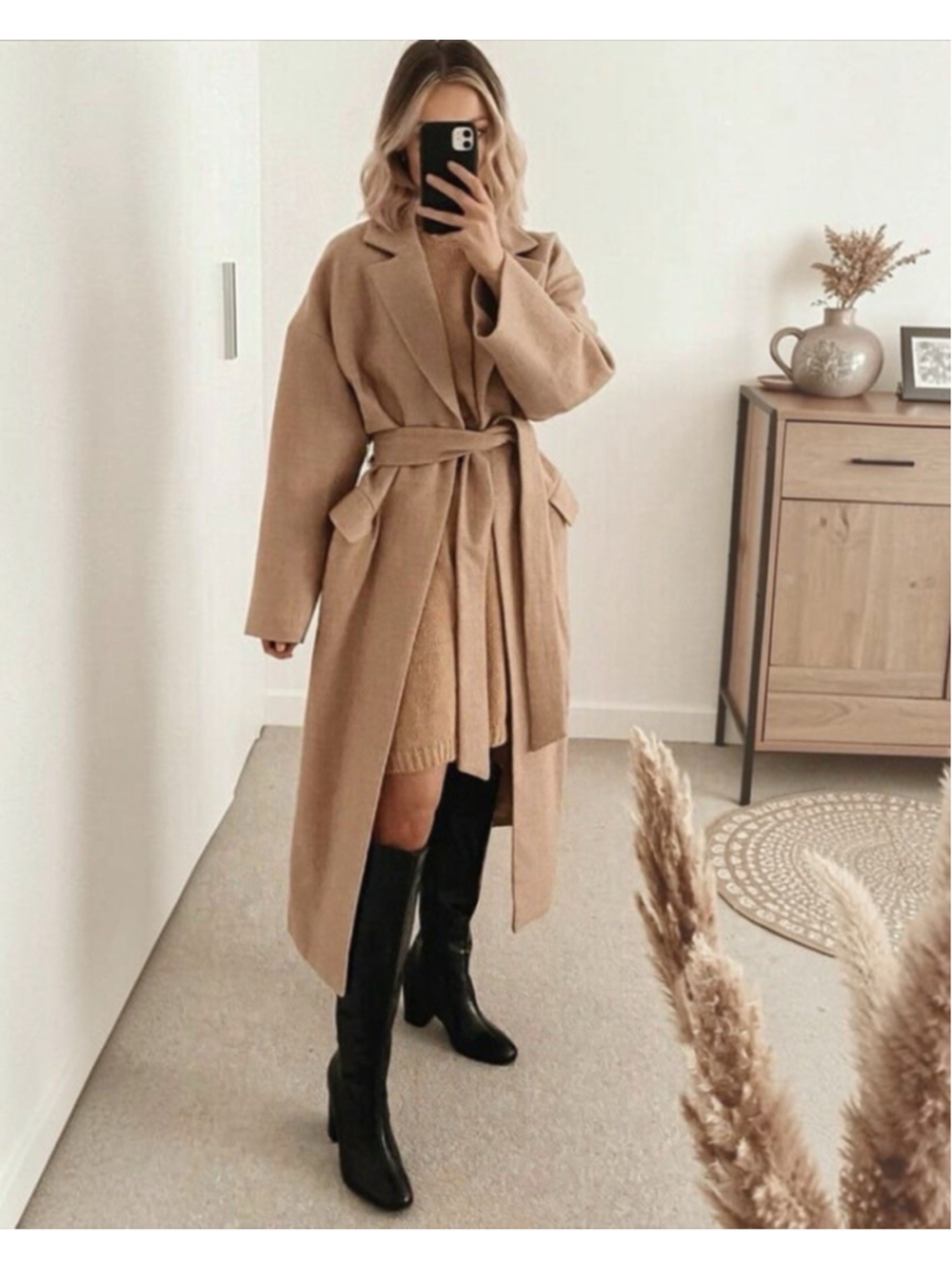 Zara 100% Wool Belted Long Coat Beige Camel Wrap XS Blogger Fav MSRP $249